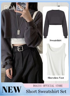 roaiss Women 2 Piece Set Loose Fit Pullover Short Sweatshirt & Slim Fit Sleeveless Vest Classic and Timeless Solid Color Design Loose Fit to Enhance the Figure and Prevent Exposing Perfect as a Base Layer  - Image 1
