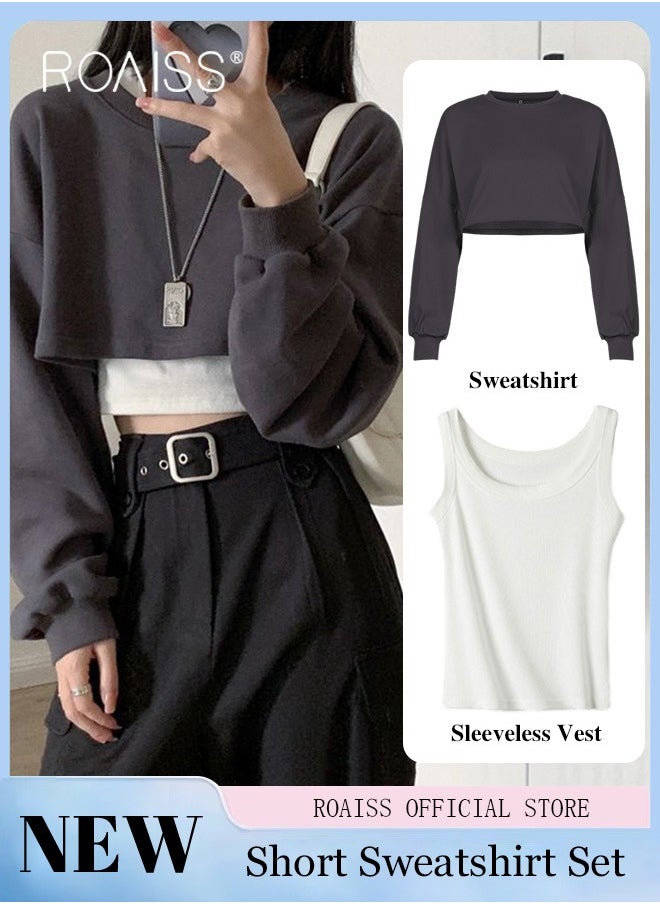 roaiss Women 2 Piece Set Loose Fit Pullover Short Sweatshirt & Slim Fit Sleeveless Vest Classic and Timeless Solid Color Design Loose Fit to Enhance the Figure and Prevent Exposing Perfect as a Base Layer  - Image 1