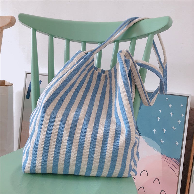 [Return Butterfly Cloth Bag] Five-color Striped Strap Shoulder Canvas Bag Korean Artistic Thick and Firm Simple All-match New - Image 3