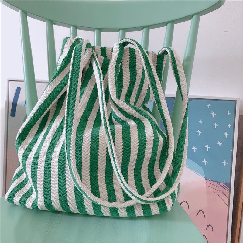 [Return Butterfly Cloth Bag] Five-color Striped Strap Shoulder Canvas Bag Korean Artistic Thick and Firm Simple All-match New - Image 1