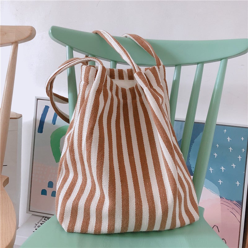 [Return Butterfly Cloth Bag] Five-color Striped Strap Shoulder Canvas Bag Korean Artistic Thick and Firm Simple All-match New - Image 5