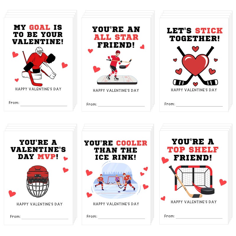 Demonwer 24 Pcs Valentines Cards Bulk Ice Hockey Greeting Card Valentine's Gifts for Exchange Prize Goody Bag Favors - Image 1