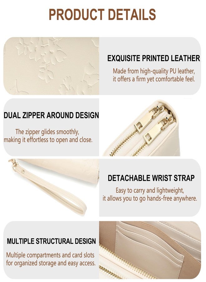 yiijay Womens Wallet RFID Blocking Large Capacity Leather Double Zip Wristlet Wallet Credit Card Phone Holder Ladies Clutch, Beige - Image 4