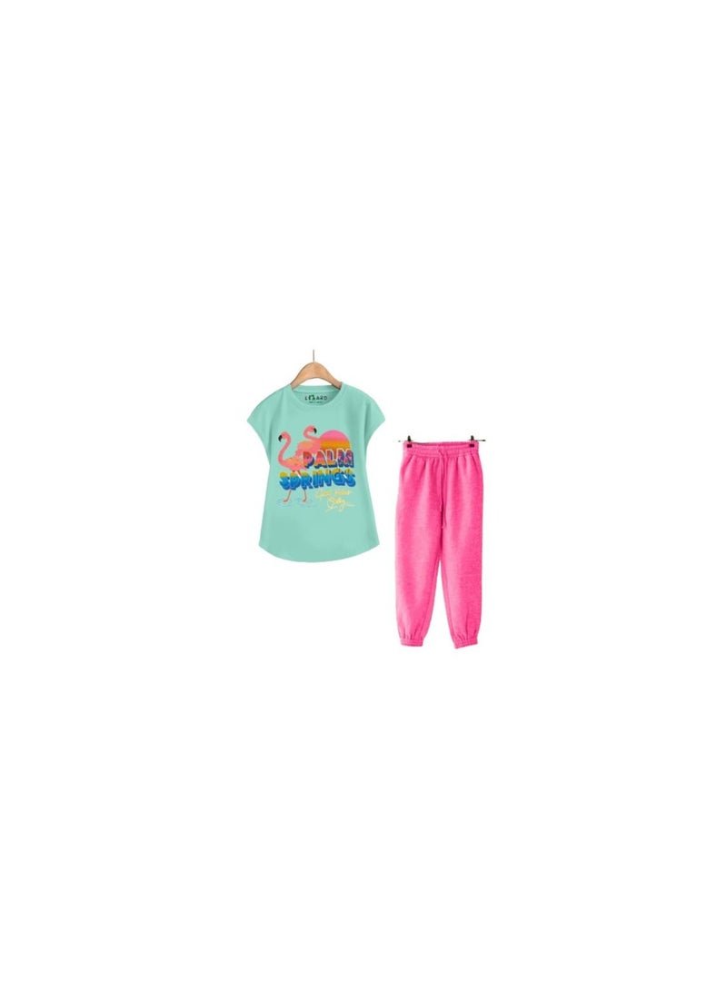 Girls' outing set consisting of a blue T-shirt and pink pants