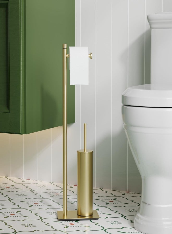 RUACQ Toilet Paper Holder Stand with Toilet Brush and Holder Set, 304 Stainless Steel Bathroom Toilet Tissue Paper Roll Holder Free Standing, Weighted Base, Heavy Duty (Brushed Gold) - Image 2