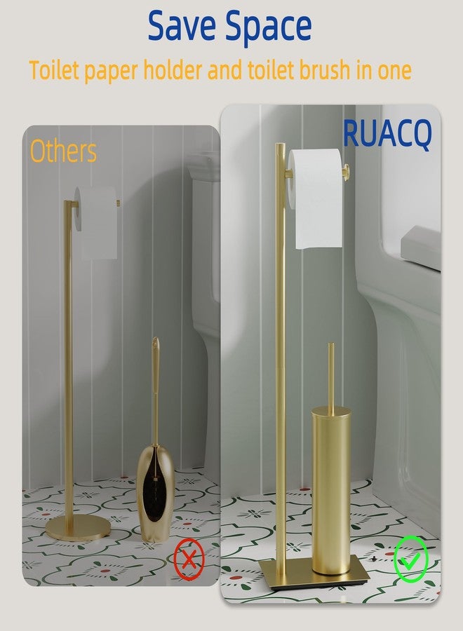RUACQ Toilet Paper Holder Stand with Toilet Brush and Holder Set, 304 Stainless Steel Bathroom Toilet Tissue Paper Roll Holder Free Standing, Weighted Base, Heavy Duty (Brushed Gold) - Image 3
