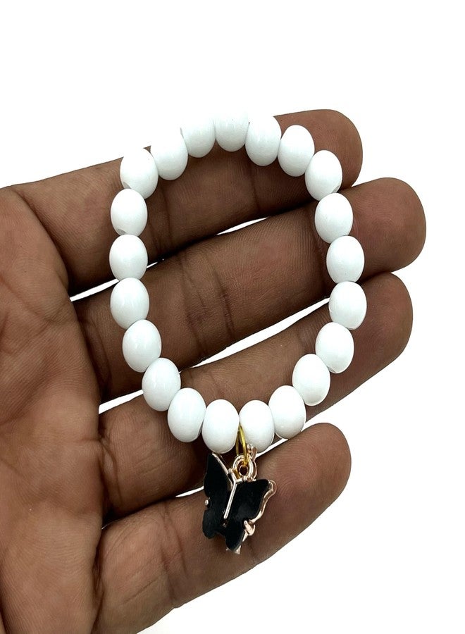 LECRAFT White Glass Bead Bracelet with Black Butterfly Charm, Elastic Stretch - Image 3