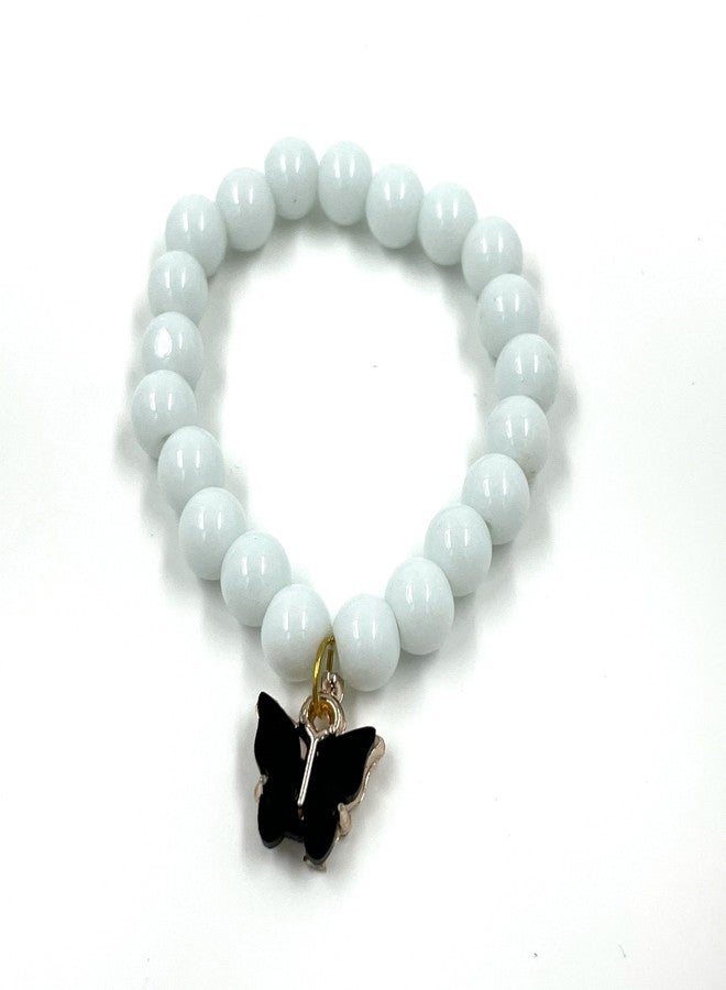 LECRAFT White Glass Bead Bracelet with Black Butterfly Charm, Elastic Stretch - Image 2