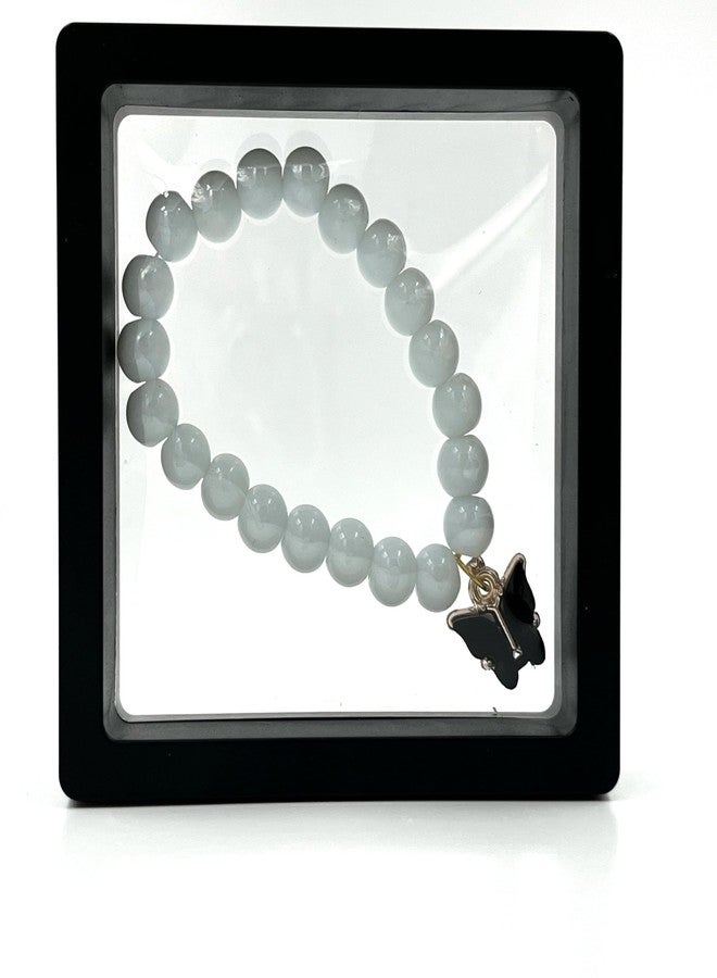LECRAFT White Glass Bead Bracelet with Black Butterfly Charm, Elastic Stretch - Image 4