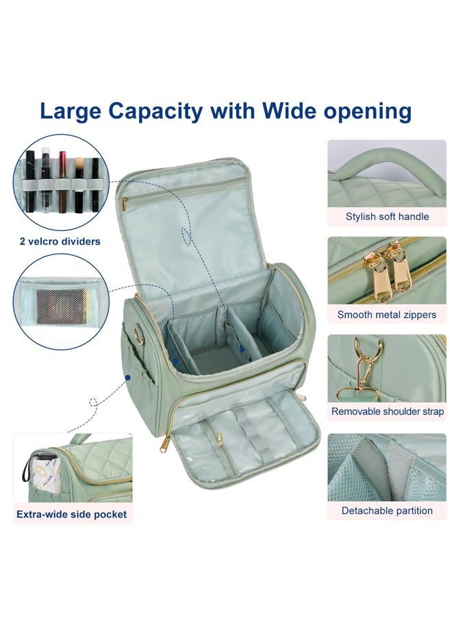 GR69N Travel Toiletry Bag Large Cosmetic Makeup Bag Organizer for Women,Wide-open Make Up Bag Waterproof Makeup Case Travel Bag with Handle and Dividers for Toiletries,Essentials,Accessories,Green - Image 2