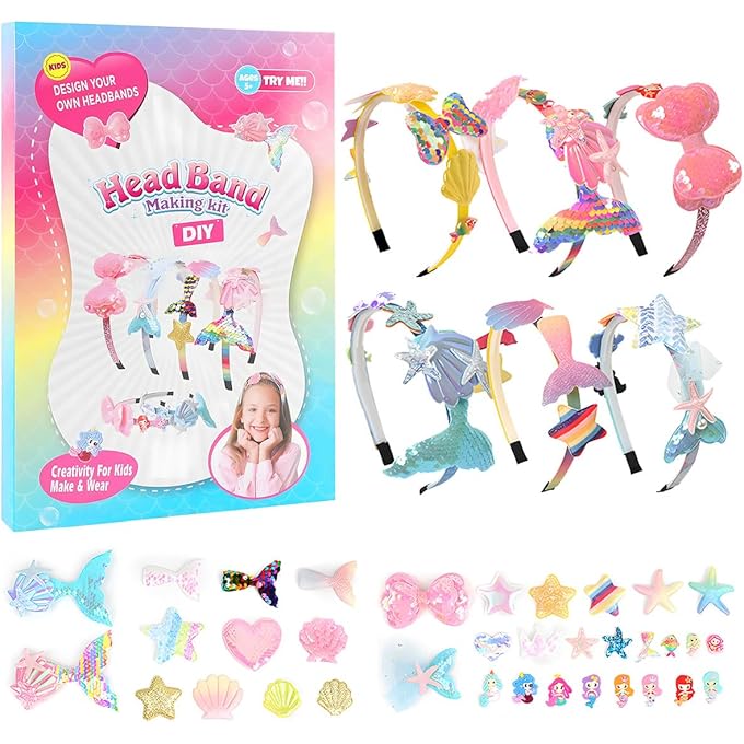ECVV Headband Making Kit for Girls 6PCS DIY Mermaid Tail Hair Band Accessories Fashion DIY Arts and Craft Kits Glitter Sequins Starfish Hair Accessories for Birthday Presents Easter Gifts