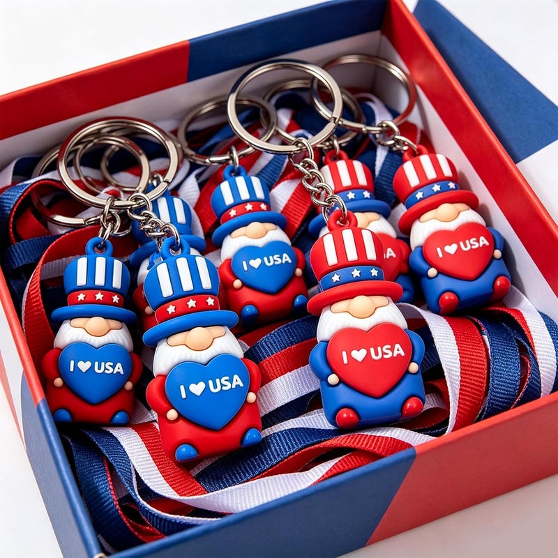 Becfupo 24 Pcs Cute Patriotic Keychains Bulk, Small Rubber Red Blue White Independence Day Gnomes Ornaments Hanging With Keyrings For 4th Of July Party Favors, Memorial Day Gifts - Image 3