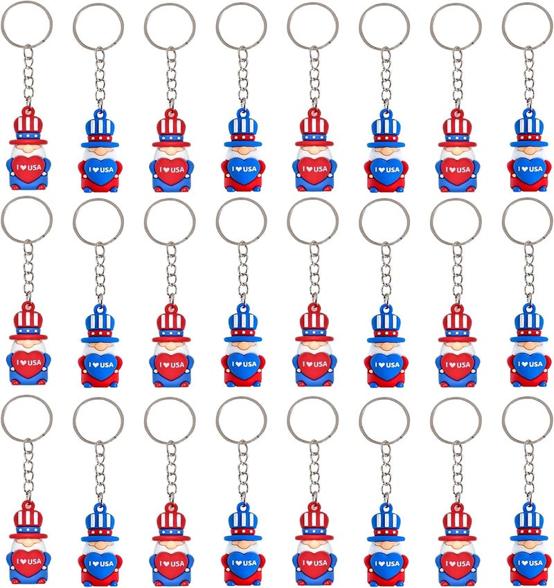 Becfupo 24 Pcs Cute Patriotic Keychains Bulk, Small Rubber Red Blue White Independence Day Gnomes Ornaments Hanging With Keyrings For 4th Of July Party Favors, Memorial Day Gifts - Image 1