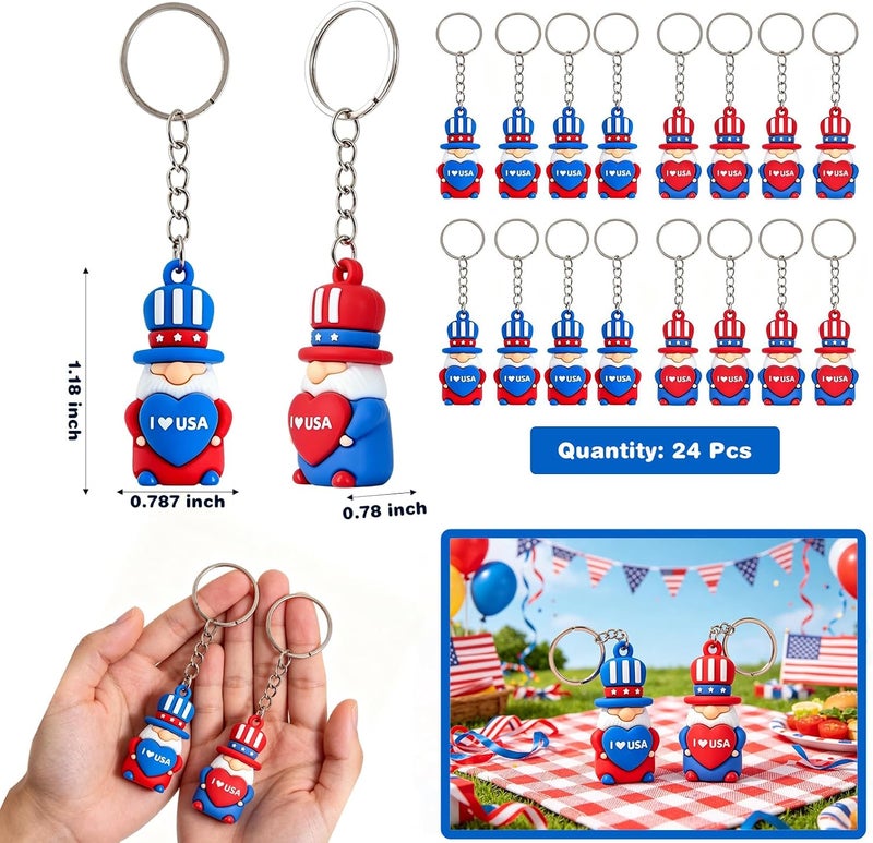Becfupo 24 Pcs Cute Patriotic Keychains Bulk, Small Rubber Red Blue White Independence Day Gnomes Ornaments Hanging With Keyrings For 4th Of July Party Favors, Memorial Day Gifts - Image 2