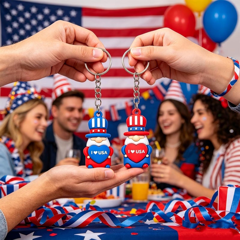 Becfupo 24 Pcs Cute Patriotic Keychains Bulk, Small Rubber Red Blue White Independence Day Gnomes Ornaments Hanging With Keyrings For 4th Of July Party Favors, Memorial Day Gifts - Image 4
