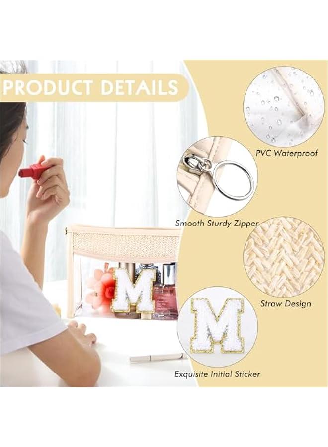Boho Straw Clear Makeup Bag Initial Cosmetic Bags Personalized Chenille Letter Patch Beach Bag Zipper Travel Essentials Sunscreen Makeup Pouch Waterproof Toiletry Purse for Women Girls M - Image 4