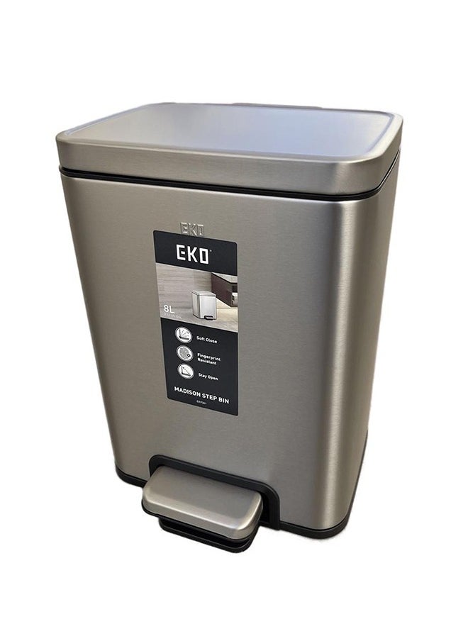 EKO - EKO Madison 8L Bathroom Trash Can with Lid and Removable Inner Basket, Rectangular Small Step Trash Can, Brushed Stainless Steel - Image 1