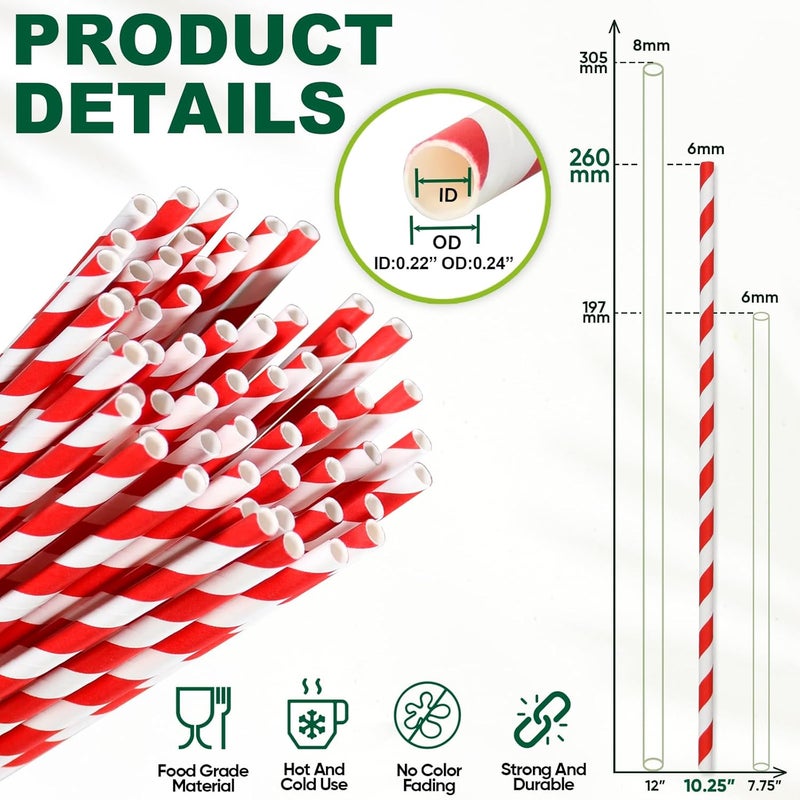 chunspak Extra Long Paper Straws 10 Inch, Red Stripe, 100 Count, 100% Biodegradable, for Drinks, Parties and Crafts, Tall Cups, Gl and Bottles, Cake Pops, Christmas Drinking Straws - Image 3