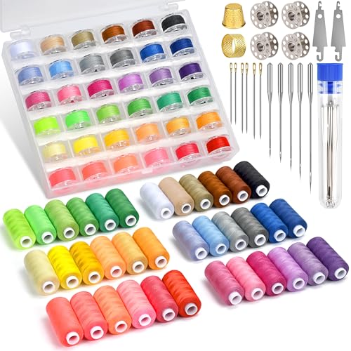 Bymore 140 Pcs Sewing Thread Kit 36 Assorted Colors Machine Threads with Spools 400 Yards Prewound Bobbins Set with 10 Machine Needles 709 7511 9014 10016 11018 for Universal Sewing Machines Use - Image 1