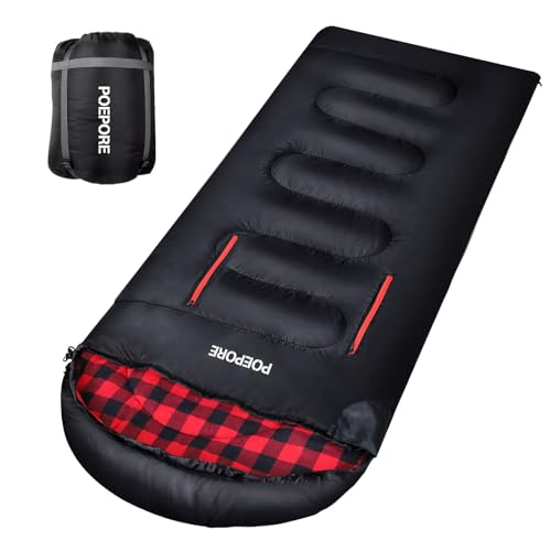 POEPORE Flannel Sleeping Bag Lightweight Warm Weather 34 Seasons for Adults XL Wearable Sleeping Bag Waterproof with Compression Sack BlackRed - Image 1