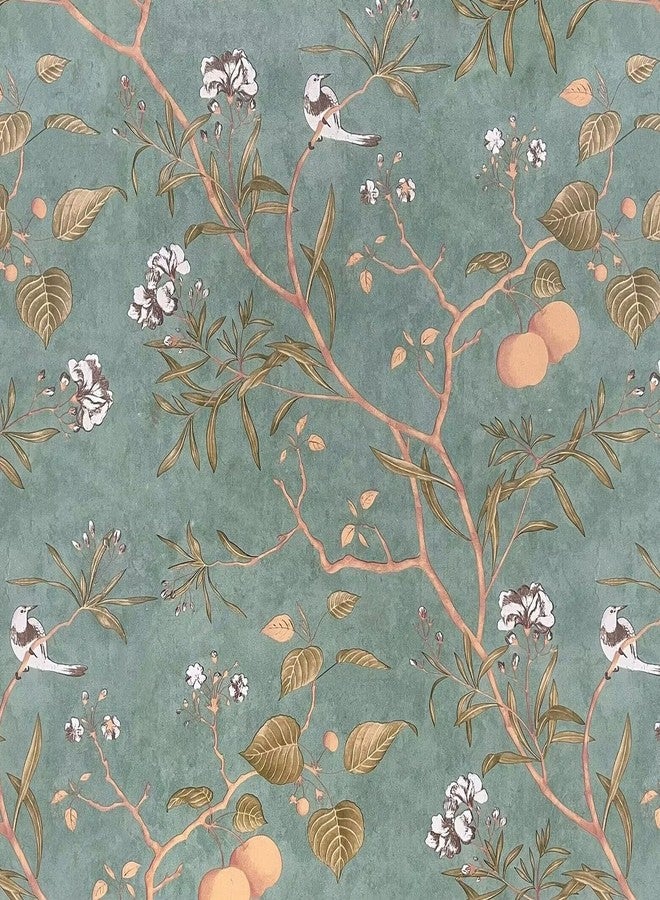 Laatse Green Floral Wallpaper Peel and Stick Bird Wallpaper 17.5" x 78.7" Vintage Floral Contact Paper Waterproof Vinyl Self Adhesive Modern Wall Paper Wall Covering for Bedroom Walls Cabinet Locker - Image 1