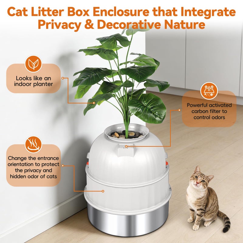 Bartuke Hidden Cat Litter Box Enclosure with Artificial Plant, Stainless Steel Litter Box Furniture, Decorative Round Planter Includes Scoop, Pebbles, Carbon Filter, Easy to Clean (Beige) - Image 5