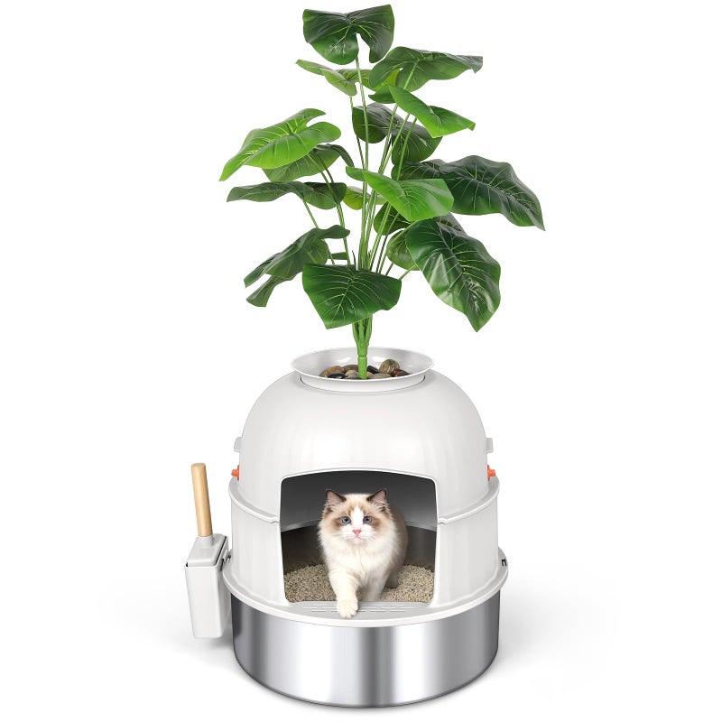 Bartuke Hidden Cat Litter Box Enclosure with Artificial Plant, Stainless Steel Litter Box Furniture, Decorative Round Planter Includes Scoop, Pebbles, Carbon Filter, Easy to Clean (Beige) - Image 1