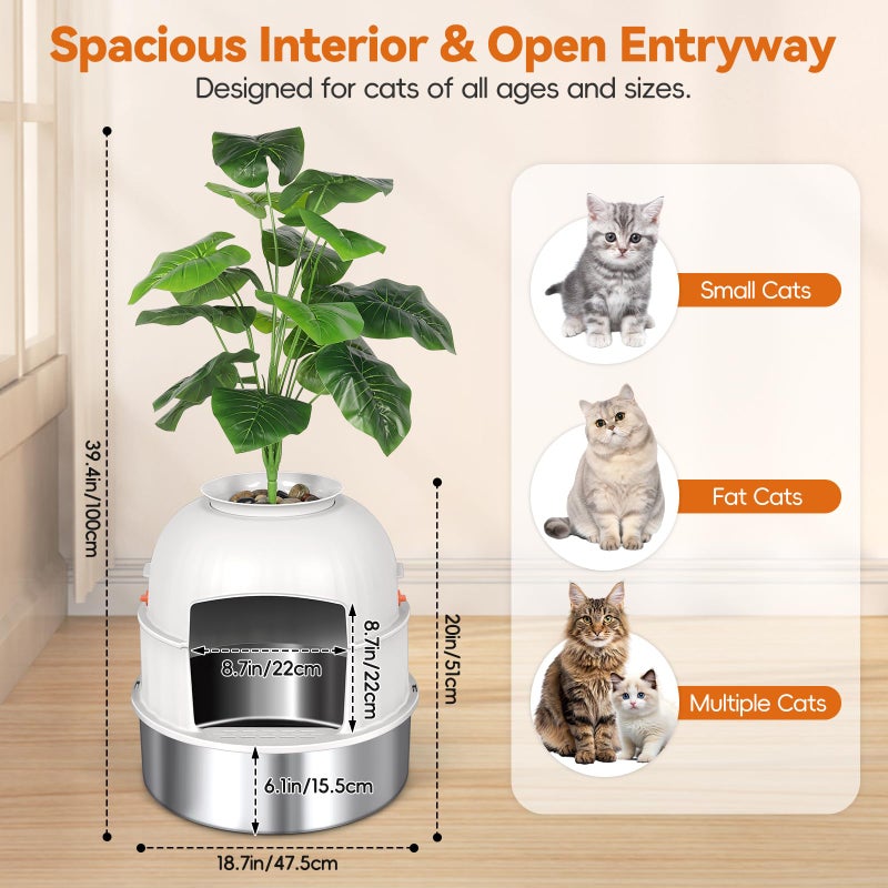 Bartuke Hidden Cat Litter Box Enclosure with Artificial Plant, Stainless Steel Litter Box Furniture, Decorative Round Planter Includes Scoop, Pebbles, Carbon Filter, Easy to Clean (Beige) - Image 2