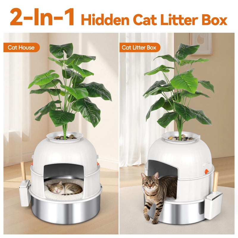Bartuke Hidden Cat Litter Box Enclosure with Artificial Plant, Stainless Steel Litter Box Furniture, Decorative Round Planter Includes Scoop, Pebbles, Carbon Filter, Easy to Clean (Beige) - Image 3
