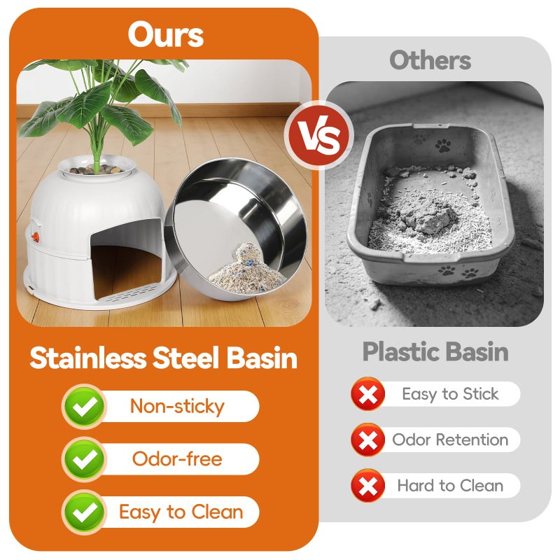 Bartuke Hidden Cat Litter Box Enclosure with Artificial Plant, Stainless Steel Litter Box Furniture, Decorative Round Planter Includes Scoop, Pebbles, Carbon Filter, Easy to Clean (Beige) - Image 4
