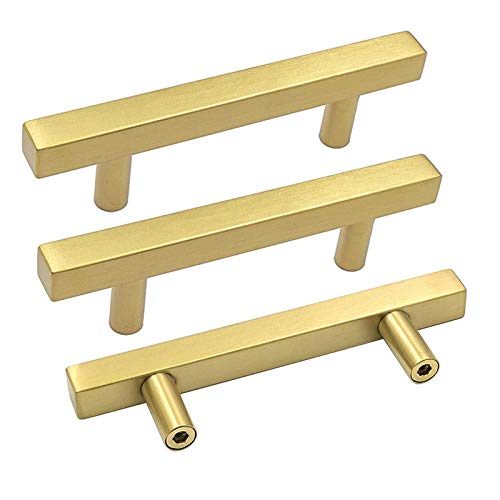 Goldenwarm Gold Cabinet Knobs Kitchen Hardware Drawer Pulls - LS1212GD96 Brushed Brass Cabinet Door Handles 3-3/4 Inch Hole Centers T Bar Square Bathroom Cabinet Pulls 30 Pack - Image 1