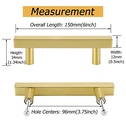 Goldenwarm Gold Cabinet Knobs Kitchen Hardware Drawer Pulls - LS1212GD96 Brushed Brass Cabinet Door Handles 3-3/4 Inch Hole Centers T Bar Square Bathroom Cabinet Pulls 30 Pack - Image 2