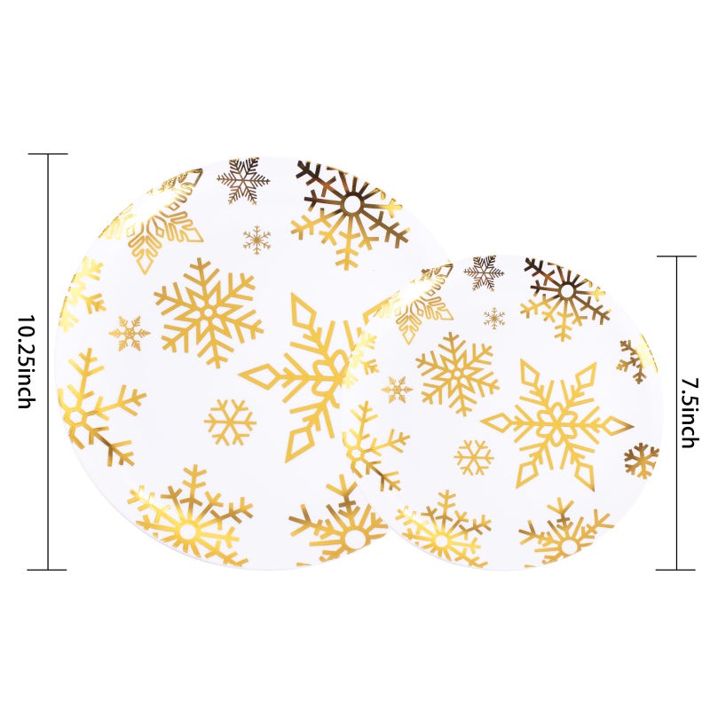 WDF 50 Pieces Plastic Christmas Plates - White and Gold Plates with Snowflake include 25 Dinner Plates  25 Salad Plates - Disposable Gold Plastic Plates for Christmas Party  Winter - Image 2