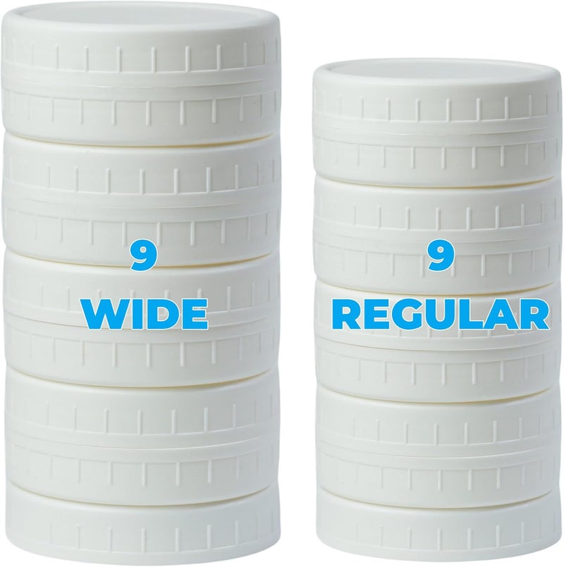 Bedgeta 18 Pack White Plastic Mason Jar Lids with Silicone Rings, 9 Wide Mouth & 9 Regular Mouth Canning Lids for Ball & Kerr and More, 86mm &70mm Plastic Mason Jar Lids - Image 1