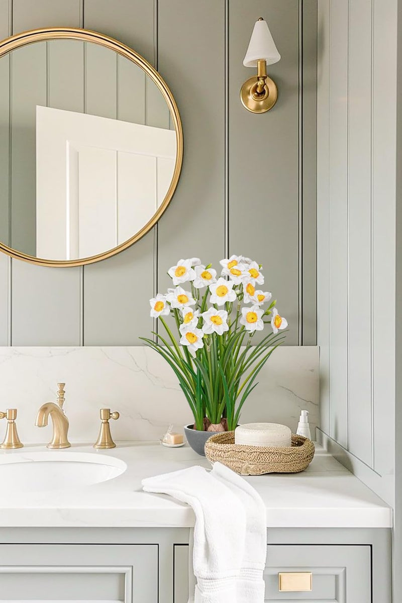 Villa Como Artificial Flowers in Pot 16" Fuax Daffodil Potted Flowers Plant Decor Room Farmhouse Fake White Flower Plants Centerpieces Desktop Spring Summer Flowers Home Decor Indoor for Living Room Kitchen - Image 5