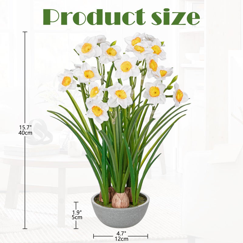 Villa Como Artificial Flowers in Pot 16" Fuax Daffodil Potted Flowers Plant Decor Room Farmhouse Fake White Flower Plants Centerpieces Desktop Spring Summer Flowers Home Decor Indoor for Living Room Kitchen - Image 2