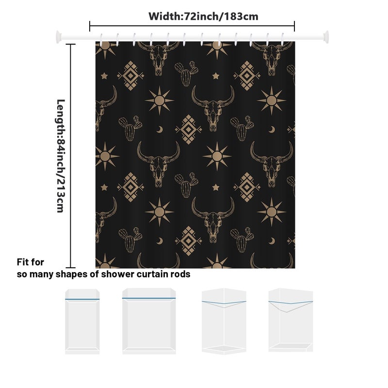 She Love Western Bull Skull Shower Curtain Boho Cow Longhorn Skull Head Cactus Bohemian Black and Gold Shower Curtain with Hooks 72x84 Inch Waterproof Polyester Bathroom Curtain (Black Gold Bull Skull) - Image 2