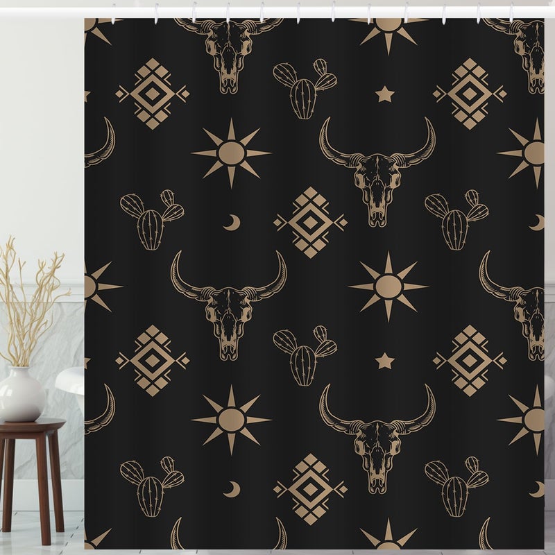 She Love Western Bull Skull Shower Curtain Boho Cow Longhorn Skull Head Cactus Bohemian Black and Gold Shower Curtain with Hooks 72x84 Inch Waterproof Polyester Bathroom Curtain (Black Gold Bull Skull) - Image 1