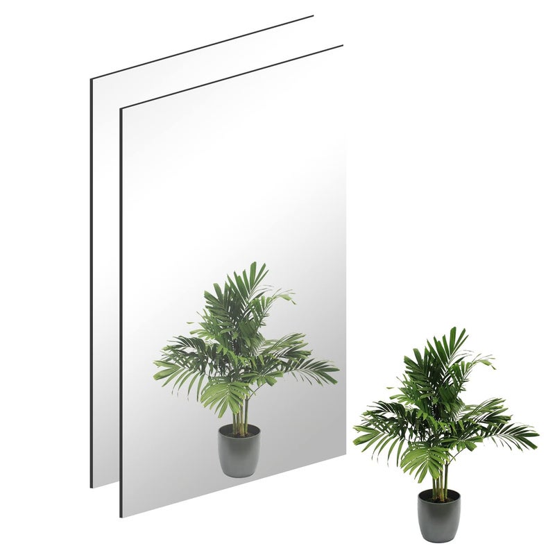QEEYON 2Pcs 16 x 12 Wall Mirror Tile Self Adhesive Glass Mirror Frameless High Clear Mirror Tile Large Wall Decor Mirror for Bedroom Living Room Hallway Door etc