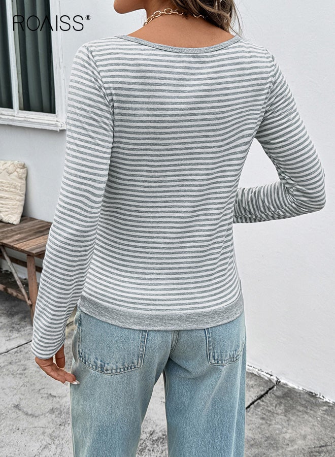 رويس بلوزة نسائية برقبة على شكل حرف V، بأكمام طويلة مخططة كاجوال، طبقة أساسية مريحة من البوليستر المطاطي والسباندكس، رقبة قابلة للتعديل، بلوزة تي شيرت متعددة الاستخدامات، نمط يومي - Image 5