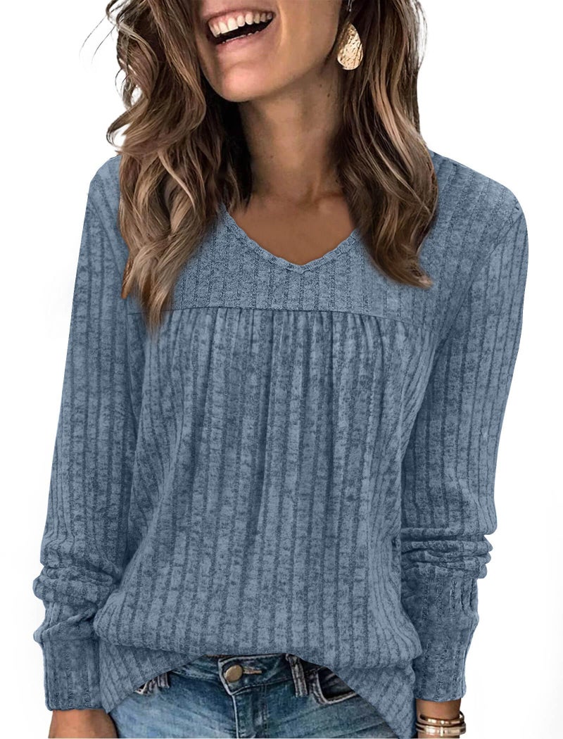 WIHOLL Womens Fall Tops Long Sleeve Shirts for Women Fall Clothes Outfits Casual Cute Lightweight Sweaters Soft V Neck Tunic Business Casual Maternity Teacher Fashion Clothing 2025 Light Blue L - Image 1