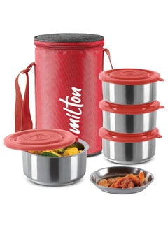 Milton MILTON Ambition 4 Stainless Steel Tiffin, 4 Containers, 300 ml Each with Jacket, Red | Light Weight | Easy to Carry | Leak Proof | Food Grade | Odour Proof  - Image 1