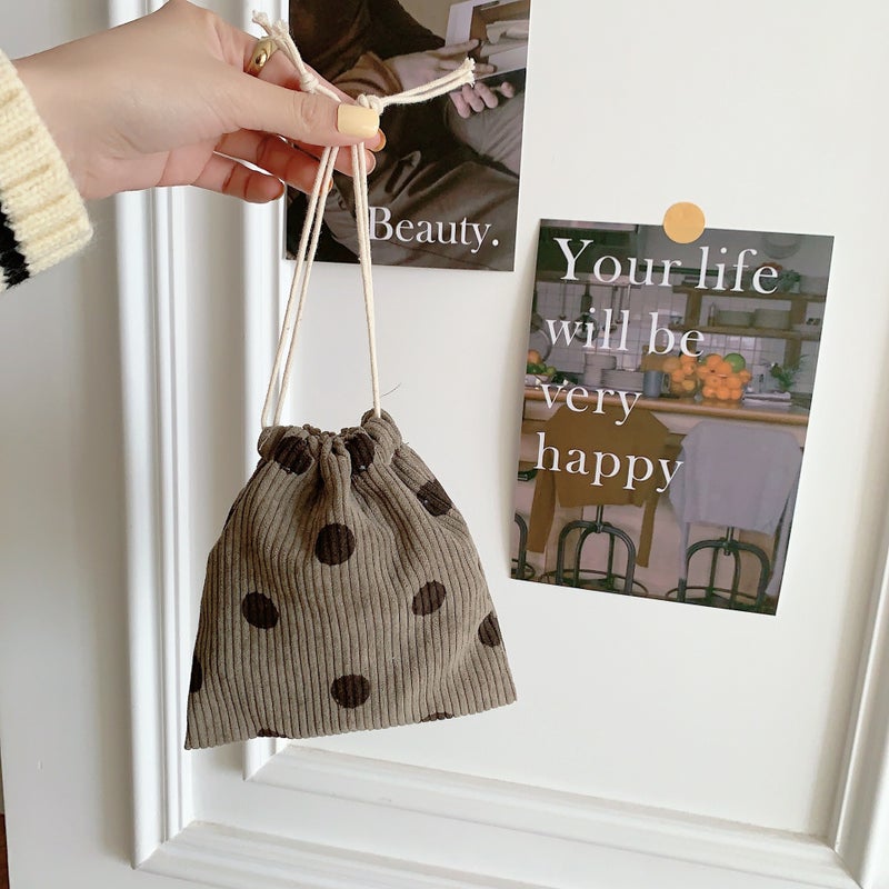 Retro Corduroy Smiley Drawstring Tote Bag gray dot small size 
