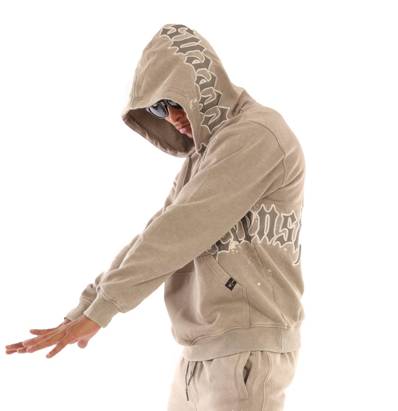 SCREENSHOT-H11511 Mens Urban Hip Hop Premium Streetwear Oversize Fit Fleece Hoodie - Vintage Washing Embroidery Patch Twill Applique Pullover Sweatshirt-Washed/Tan-Medium - Image 1