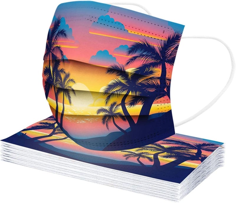 woobles 10PCS Summer Printed Disposable Face Masks with Design for Adults Beach Fruit Coconut Palm Paper Masks Full Face Protection - Image 1