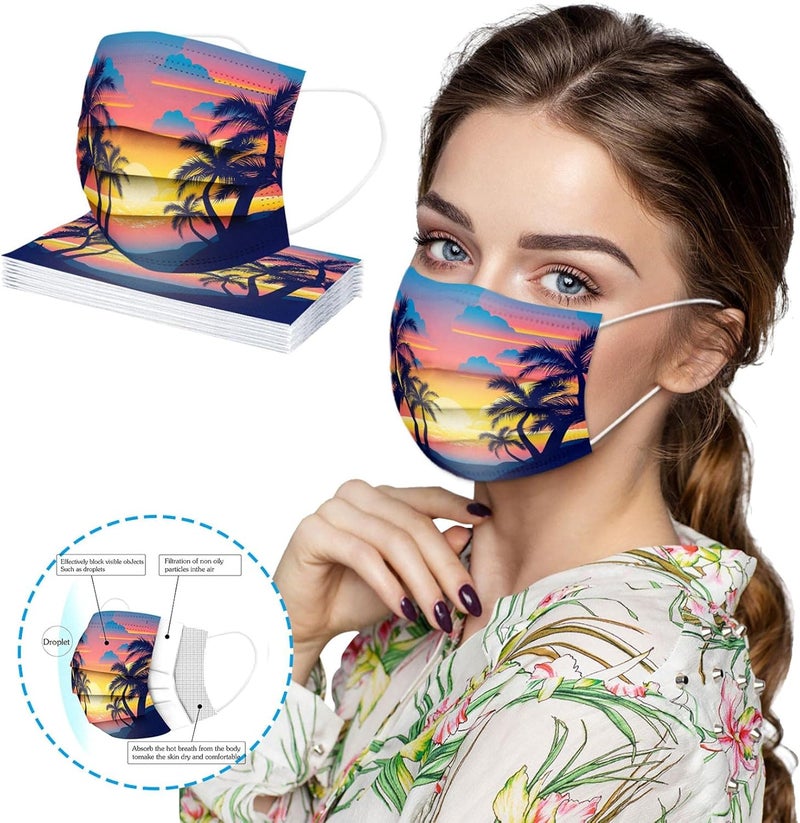 woobles 10PCS Summer Printed Disposable Face Masks with Design for Adults Beach Fruit Coconut Palm Paper Masks Full Face Protection - Image 4