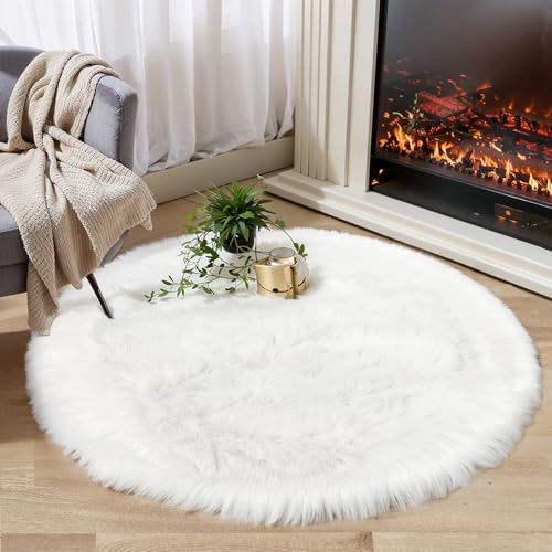 Ciicool Round Fur Fluffy Area Rug for Bedroom, White Faux Fur Rugs Furry Circle Rug for Kids Room, Cute Furry Nursery Carpet, Plush Shag Circular Rugs Floor Carpets for Teen Girl Room, 3x3 Ft - Image 5