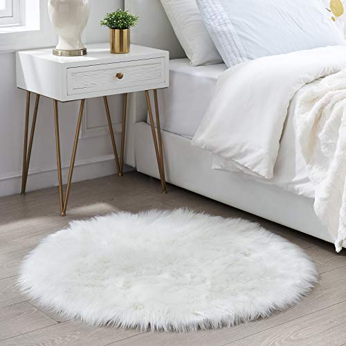 Ciicool Round Fur Fluffy Area Rug for Bedroom, White Faux Fur Rugs Furry Circle Rug for Kids Room, Cute Furry Nursery Carpet, Plush Shag Circular Rugs Floor Carpets for Teen Girl Room, 3x3 Ft - Image 2
