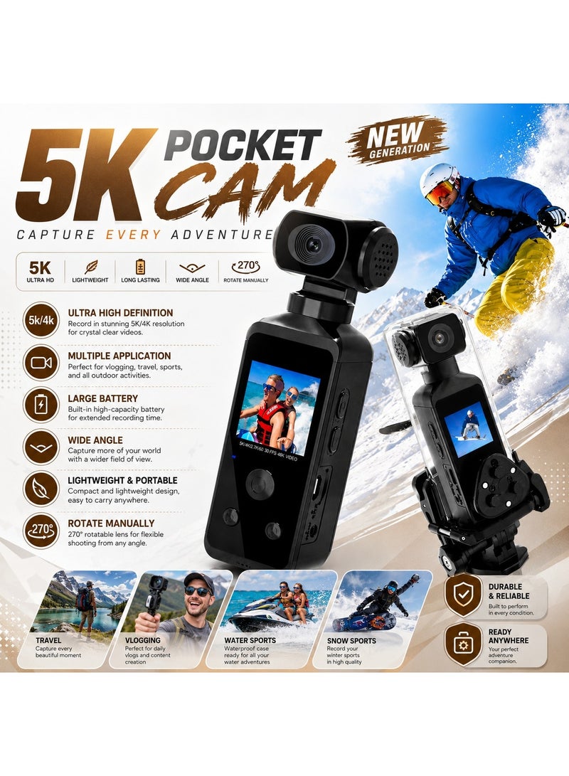 4K HD Handheld Action Camera, 270° Rotatable Pocket Camcorder with WiFi and 1.3in LCD Screen, Black - Image 5