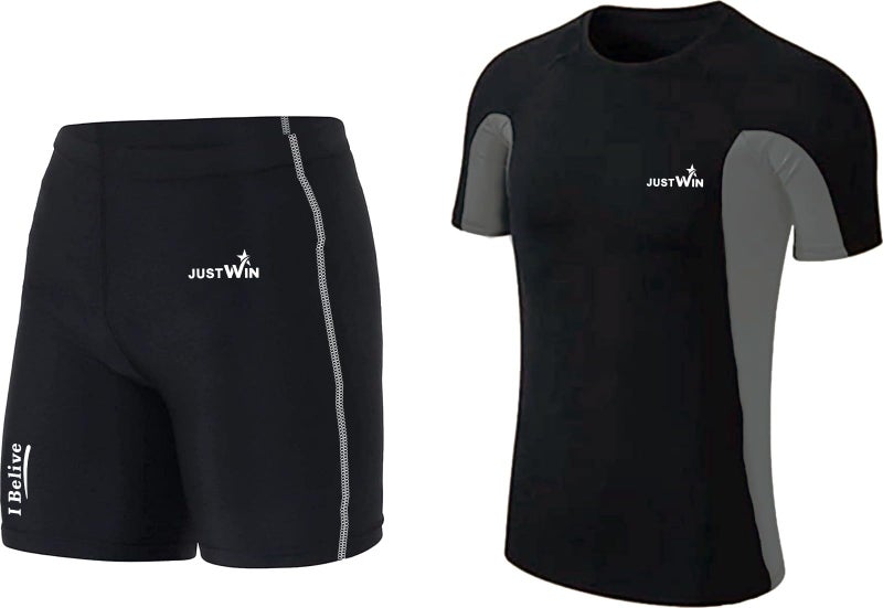 JUSTWIN Swimwear Half Sleeve T-Shirt and Shorts for Men & Women (L, Black Grey) - Image 1